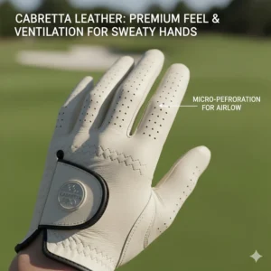 Detailed view of the supple texture of a high-quality Cabretta leather golf glove with ventilation for those with sweaty hands.