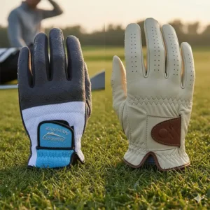 Comparison shot showing a synthetic golf glove next to a Cabretta leather glove, highlighting the durable, sweat-resistant materials.
