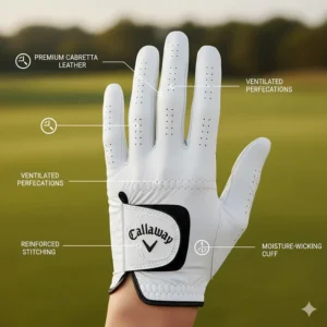 Diagram highlighting the premium Cabretta leather texture and stitching on a Callaway golf glove.