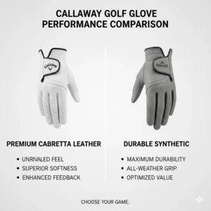 A side-by-side comparison chart of Callaway leather gloves versus synthetic golf gloves for durability and feel.