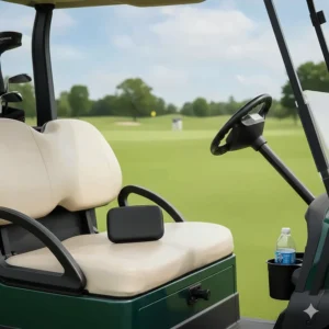 Lifestyle shot showing the compact golf glove carrying case resting in the console of a golf cart or riding cart during a round.