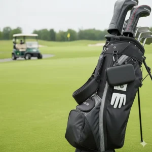 Image demonstrating how the carabiner clip on the golf glove case securely attaches to the outside of a golf bag or backpack for easy access.