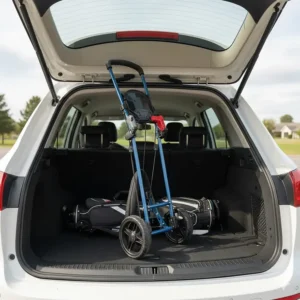 Illustration of a kids golf push cart folded down to a compact size to fit in a car trunk.