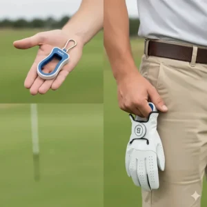 An image showing the compact size of the golf glove holder, easily fitting into a golfer's palm or attached to a belt loop for high portability.