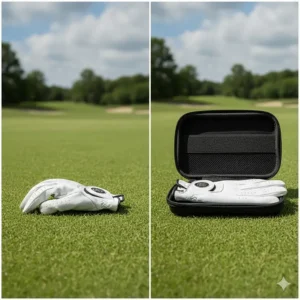 Before-and-after comparison showing a crumpled, misshapen golf glove next to a perfectly preserved glove stored inside the protective golf glove case.