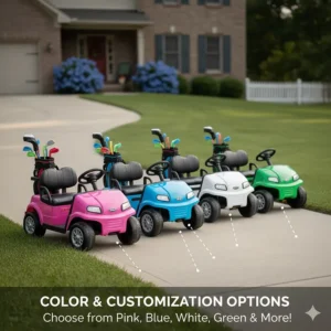 A row of colorful mini golf carts for kids in pink, blue, white, and green finishes.