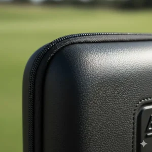 Close-up texture shot of the water-resistant, durable hard-shell material used to construct the protective golf glove case.