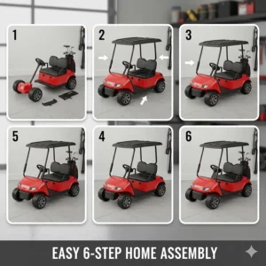 A step-by-step simplified illustration of how to assemble a mini golf cart for kids at home.