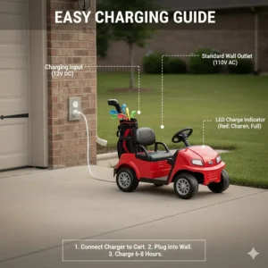 A diagram illustrating how to charge a 12V electric mini golf cart for kids using a standard wall outlet.