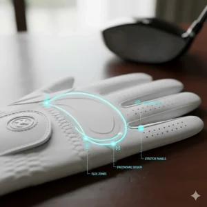 Diagram highlighting the stretch and flex zones, often in the knuckles or back of the hand, for maximum comfort and flexibility in the leather golf glove.