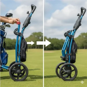 A diagram demonstrating the easy two-step folding process of a lightweight junior golf trolley.