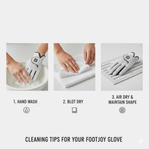 Step-by-step graphic showing how to clean and maintain your FootJoy golf glove to extend its lifespan and performance.