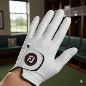 Close-up of the leather palm on a FootJoy Pure Touch golf glove, showing the fine Cabretta material for exceptional feel.