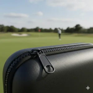 Macro shot of the high-quality, smooth-gliding zipper on the golf glove case, highlighting its reliability and longevity.