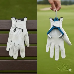 Side-by-side comparison: a wrinkled, stiff golf glove lying flat versus a perfectly shaped, smooth glove held by the glove holder.