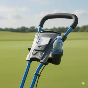 Illustration of a push cart dashboard featuring a scorecard holder and water bottle storage for young golfers.