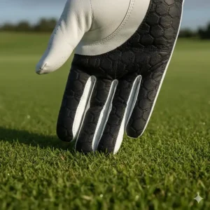 View of the palm side of the golf glove highlighting the enhanced grip and breathable material for secure club holding.