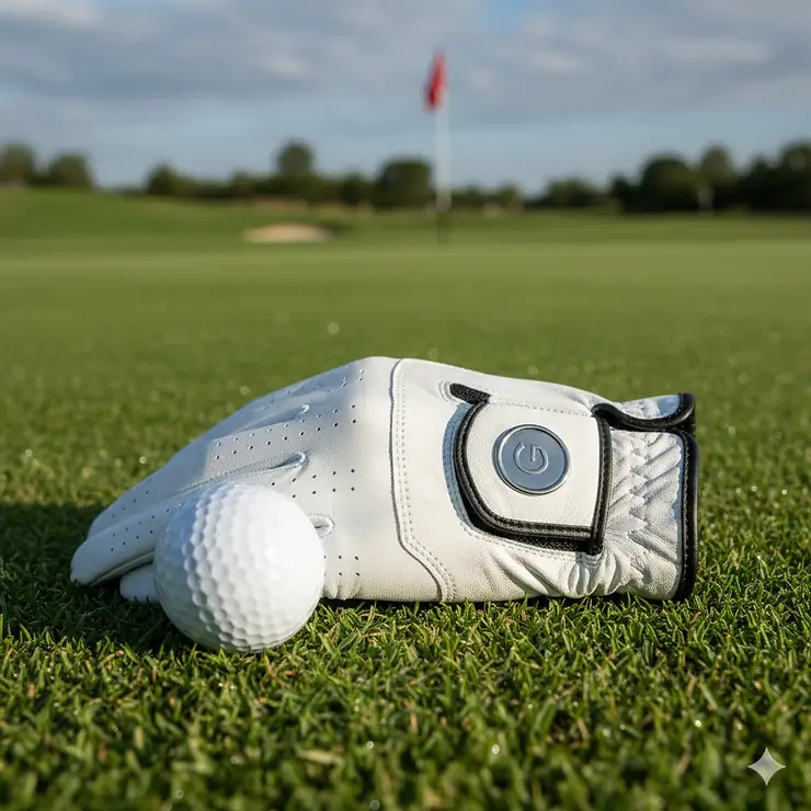 Premium leather golf glove featuring an integrated magnetic ball marker securely attached to the back of the hand. golf glove with ball marker