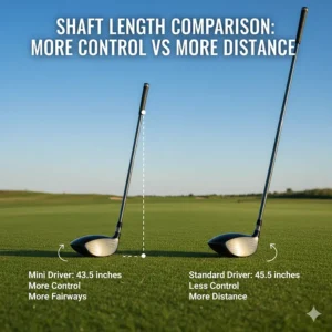 Graphic showing the shorter 43.5-inch shaft of a mini driver which provides more control than a standard 45.5-inch driver shaft.