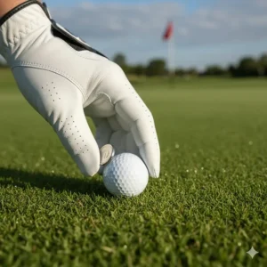 A golfer using the detachable ball marker from their golf glove to mark the position of the golf ball on the green.