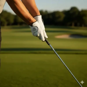 A golfer's hand holding a club, showing the superior grip and snug fit of a Titleist golf glove during the backswing.