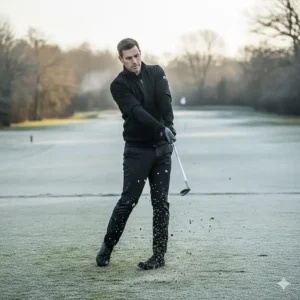 A golfer taking a swing on a frosty winter day while wearing insulated, waterproof winter golf gloves.