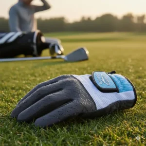 Close-up of a high-performance golf glove made of synthetic material with perforations for maximum breathability.