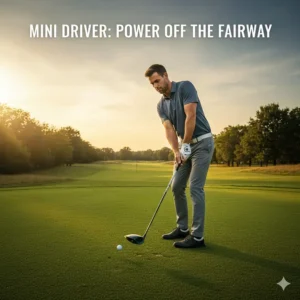 A golfer successfully hitting a mini driver "off the deck" from the fairway for a long par-5 approach shot.