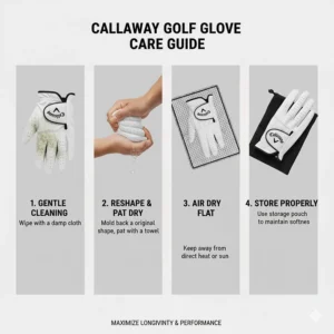 Step-by-step illustration showing how to properly dry and store a Callaway golf glove to maintain leather softness.