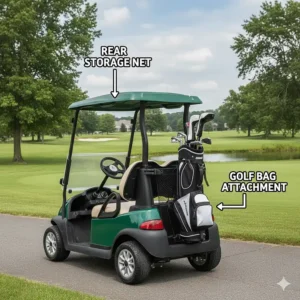 Close-up illustration of the rear storage area and golf bag holder on a kids golf cart.