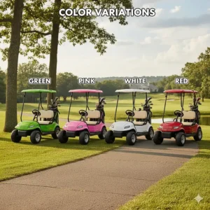 A lineup of kids golf carts in various colors including pink, green, white, and red.