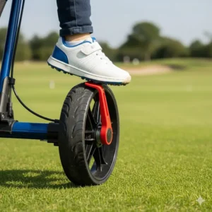 Close-up illustration of the foot-operated locking brake system on a kids golf push cart.