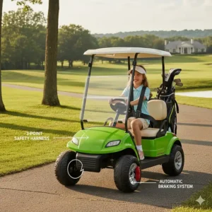 Illustration showing the 3-point safety harness and automatic braking system on a kids golf cart.