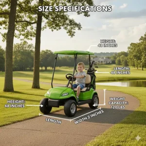 Infographic displaying the height, width, and weight capacity of a standard kids golf cart.