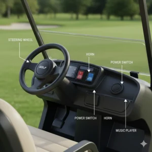 Illustration of the dashboard featuring a horn, music player, and power switch for a kids golf cart.