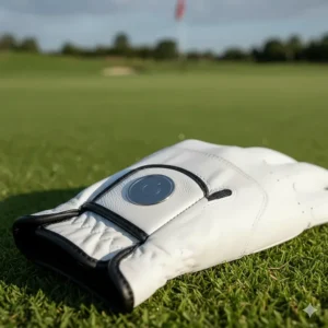 Close-up showing the easy-access, magnetic ball marker placement on the wrist strap of the golf glove.