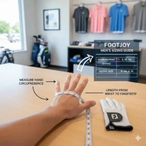 Visual guide illustrating the proper technique for measuring and finding the correct size for men's FootJoy golf gloves.