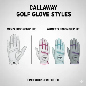 An illustration showcasing the different colorways and ergonomic shapes available in Callaway golf gloves for men and women.