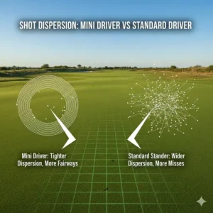 An illustration comparing the tight shot dispersion of a mini driver golf club versus the wider spray pattern of a standard driver.