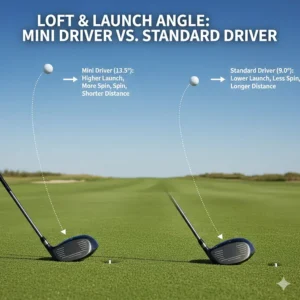 A side-view diagram showing the higher launch angle and spin rates of a 13.5-degree mini driver compared to a 9-degree driver.