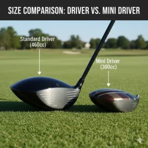 A top-down visual comparison showing the 300cc head size of a mini driver next to a standard 460cc driver.