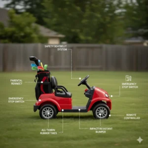 An annotated illustration showing the safety features of a mini golf cart for kids, including seatbelts and parental remote control.