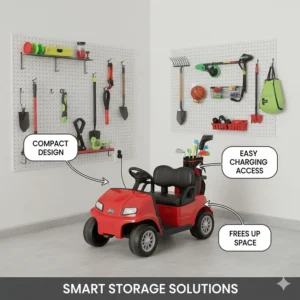 An illustration showing a compact mini golf cart for kids stored neatly inside a garage or garden shed.