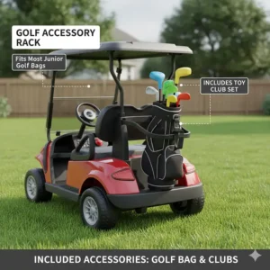 A detailed view of the rear storage rack on a mini golf cart for kids holding a set of toy golf clubs.