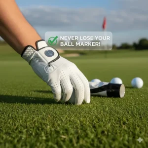 Illustration demonstrating the convenience of having the ball marker always attached to the golf glove, preventing loss.