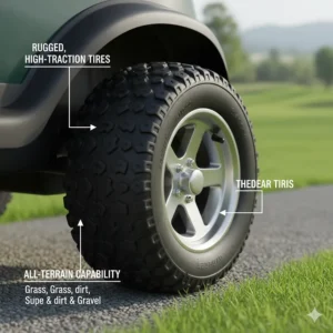 Close-up of rugged, high-traction wheels designed for driving a kids golf cart on grass and gravel.