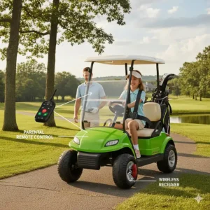 A digital remote control used by parents to steer and stop a motorized kids golf cart.