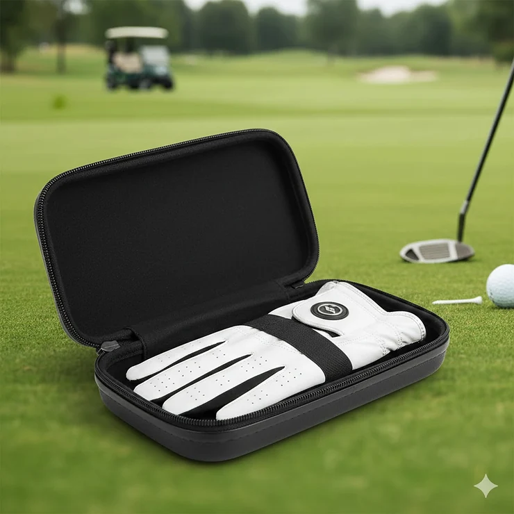 A close-up shot of the premium black golf glove case holding a white leather glove, showcasing the secure zipper and durable shell.