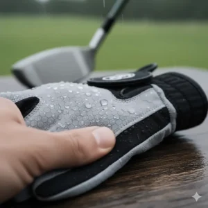 Detail of the enhanced non-slip material on the palm of the golf rain gloves for maximum grip in wet conditions.