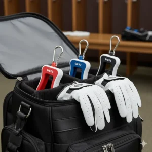 A set of three colorful golf glove holders neatly organized in a golf travel bag, showing how they keep gloves separated and protected during storage.
